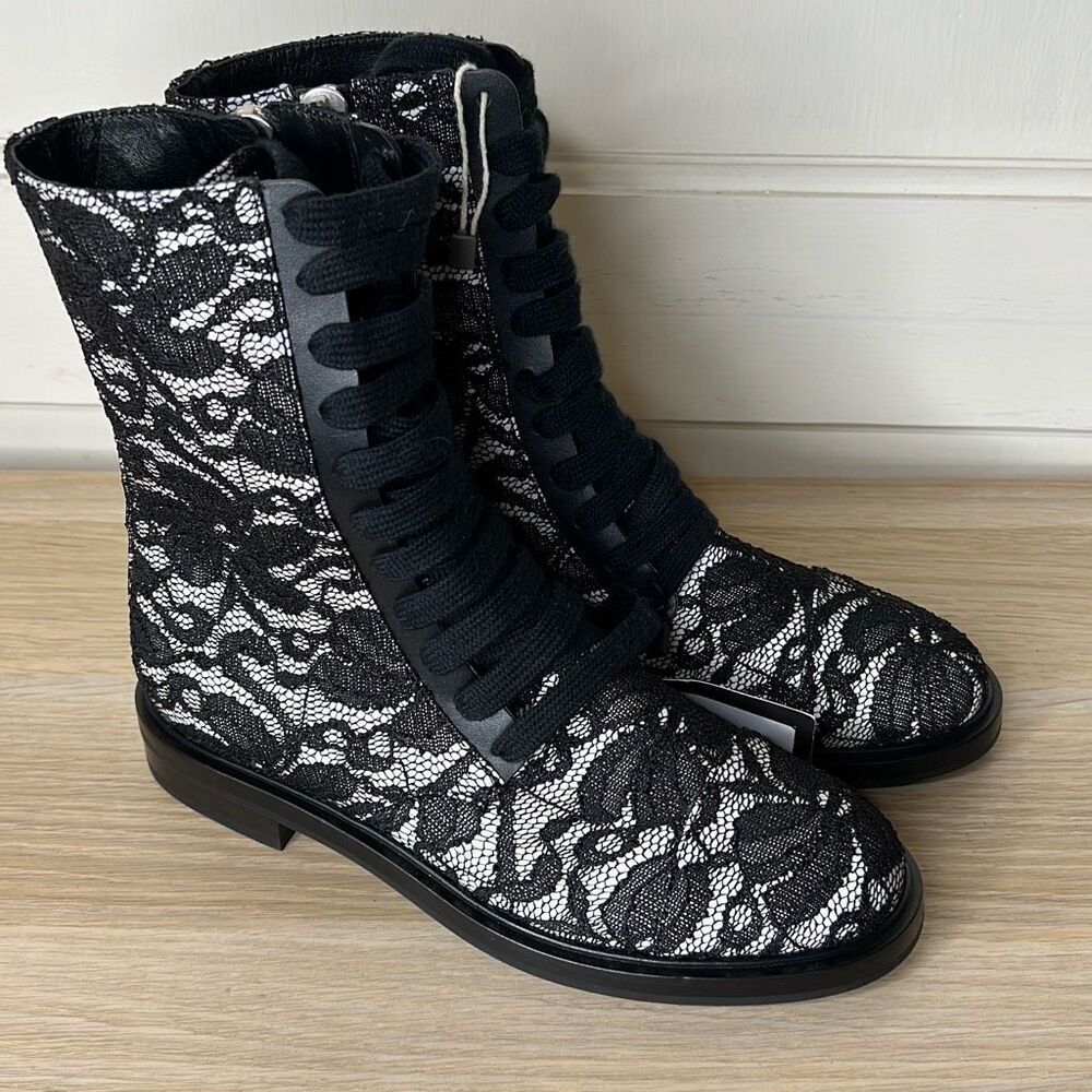 Casadei Black Lace & Leather Combat Ankle Boots Size 37/7 US Nwt